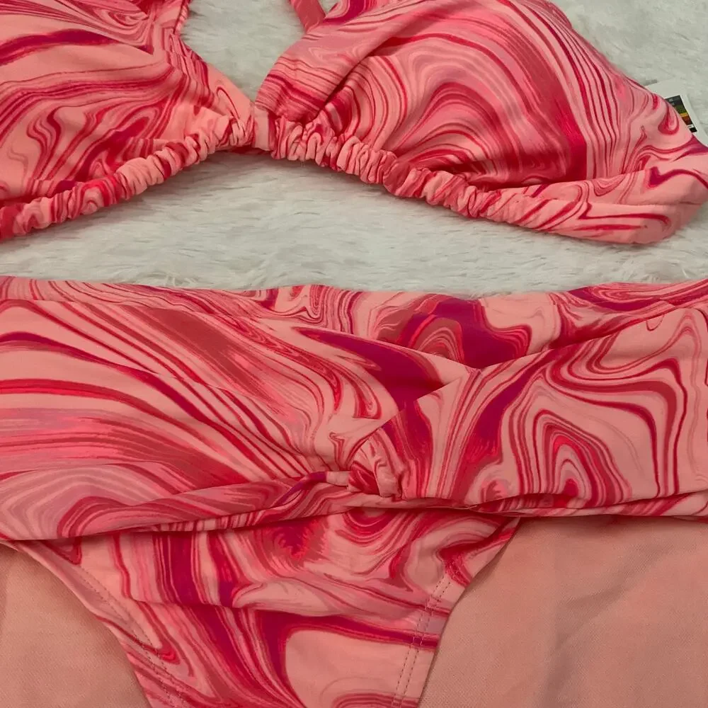 Time and Tru Mid Rise Cheeky Fit Pink Swirl/Marble Bikini - Size 2X NEW‎